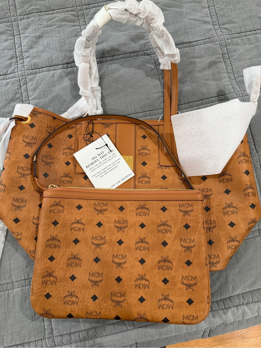 MCM Cognac Visetos Monogram Tote with Removable Zip Pouch